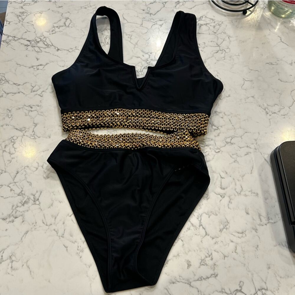 Black Bikini Two Piece Swimsuit w/ Gold Sequin Trim Size 0XL